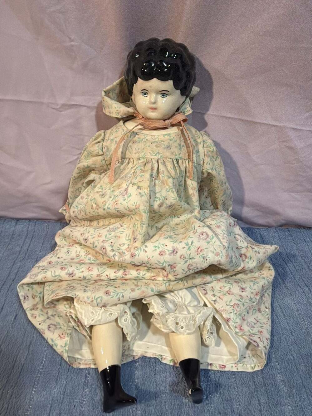 Vintage Porcelain China Head Doll Floral Dress Painted Black Hair